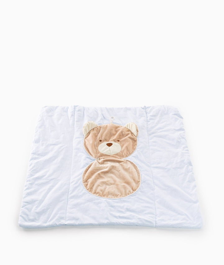 Fully expanded light blue convertible travel blanket with attached bear head