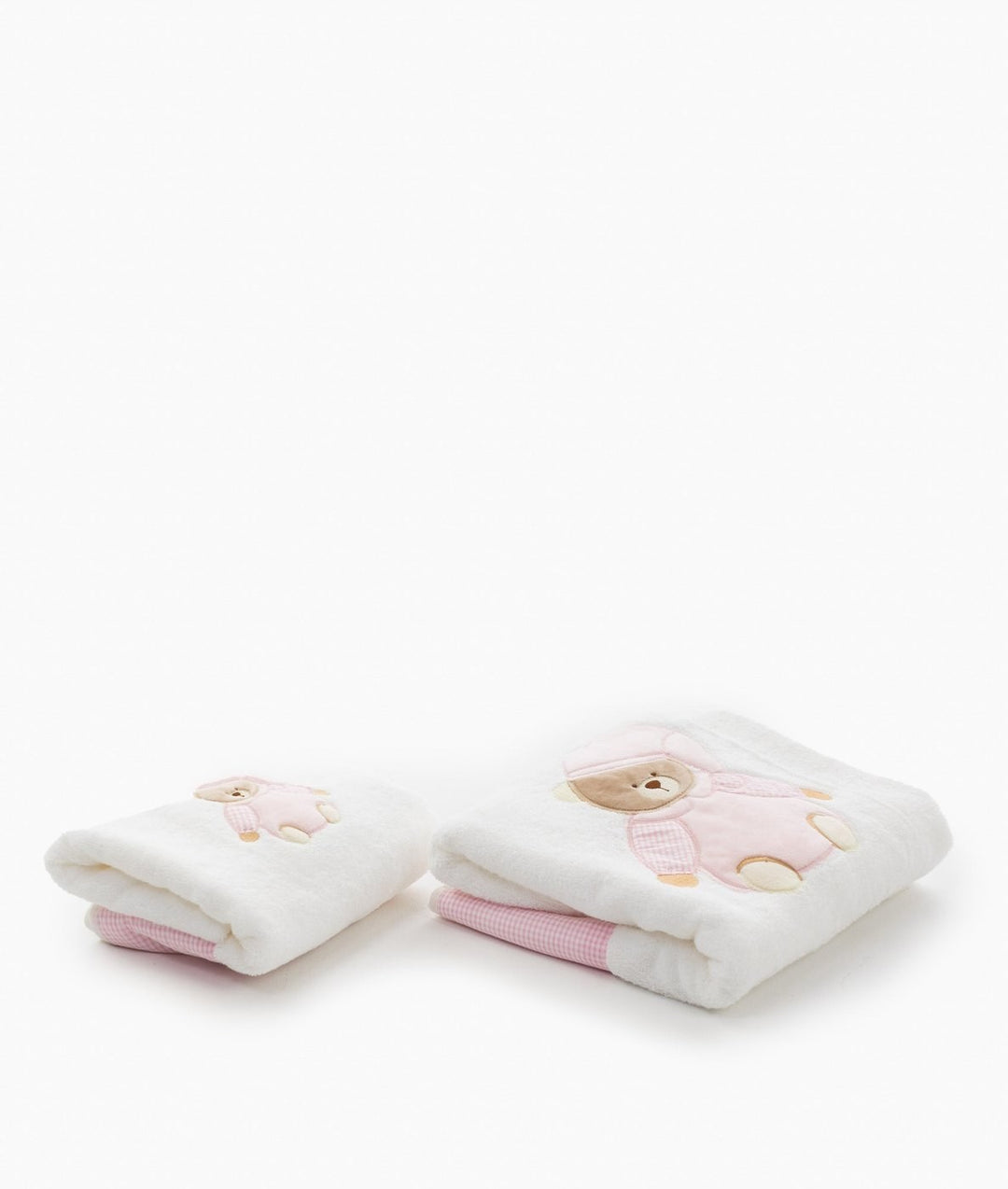 Pink and white two piece baby towel set with teddy bear design