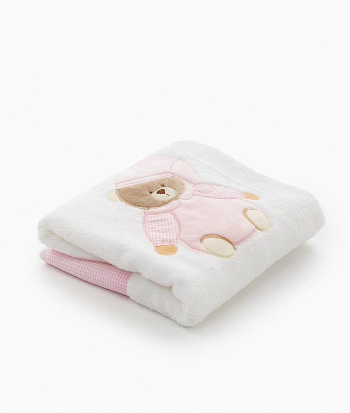White cotton baby towel with pink teddy bear applique and gingham border