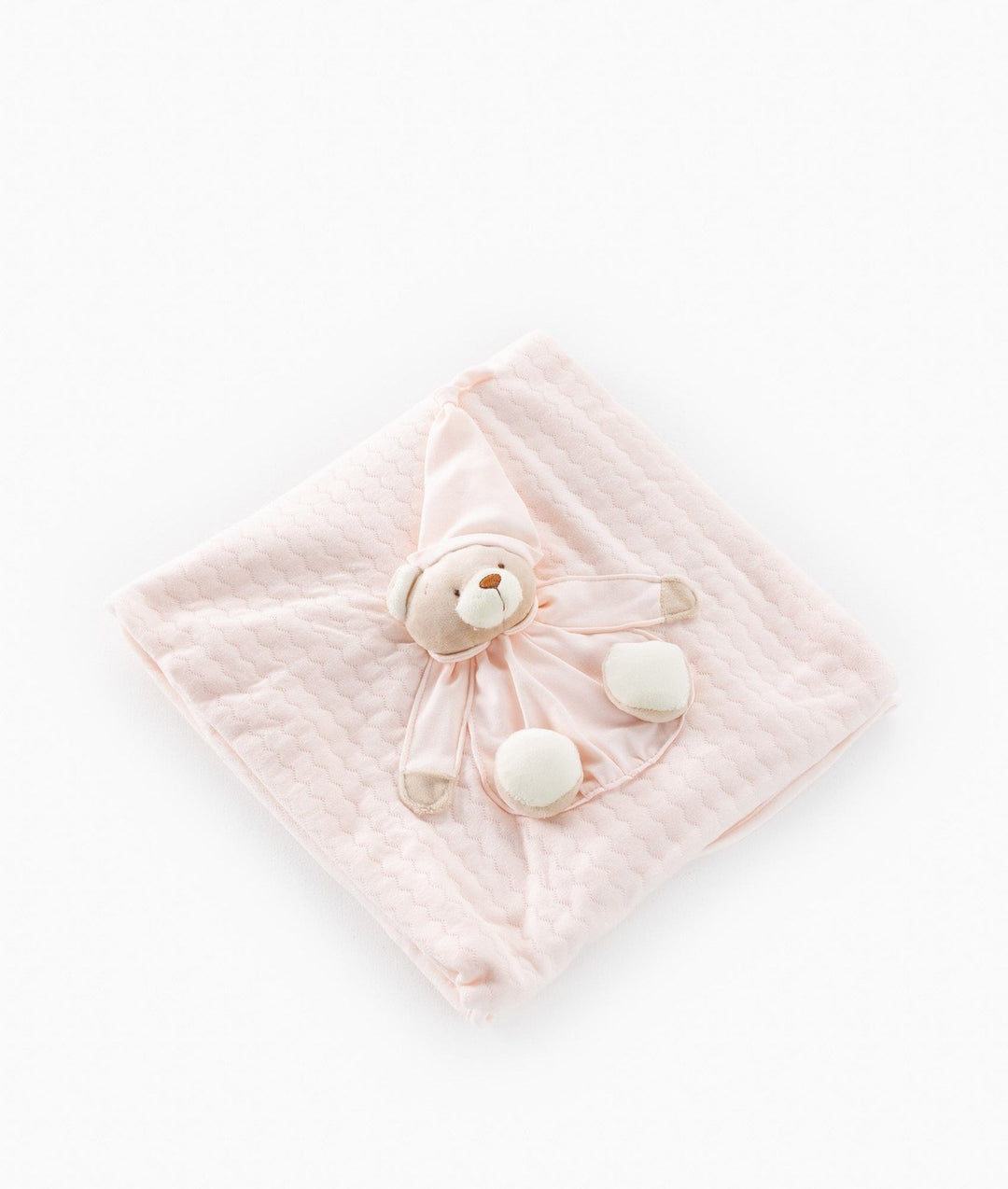 Pink 3D baby blanket with wavy quilted texture and plush bear applique