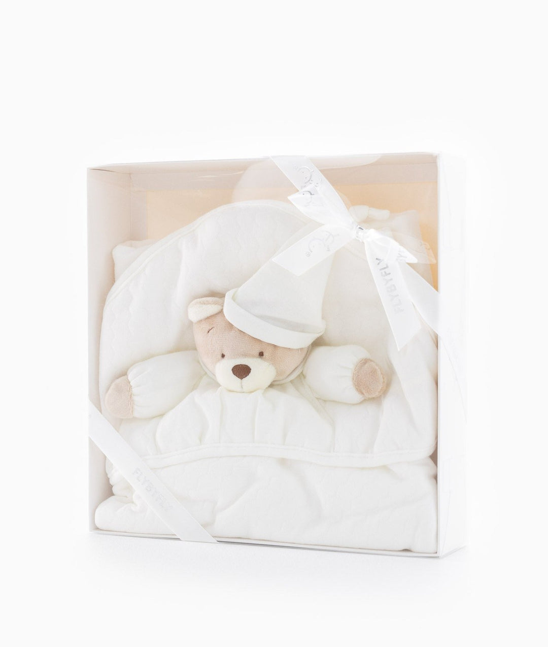 White 3D bear swaddle in clear gift box with branded ribbon packaging