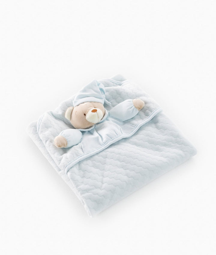 Angled view of light blue swaddle featuring dimensional 3D bear face with tan snout on hood