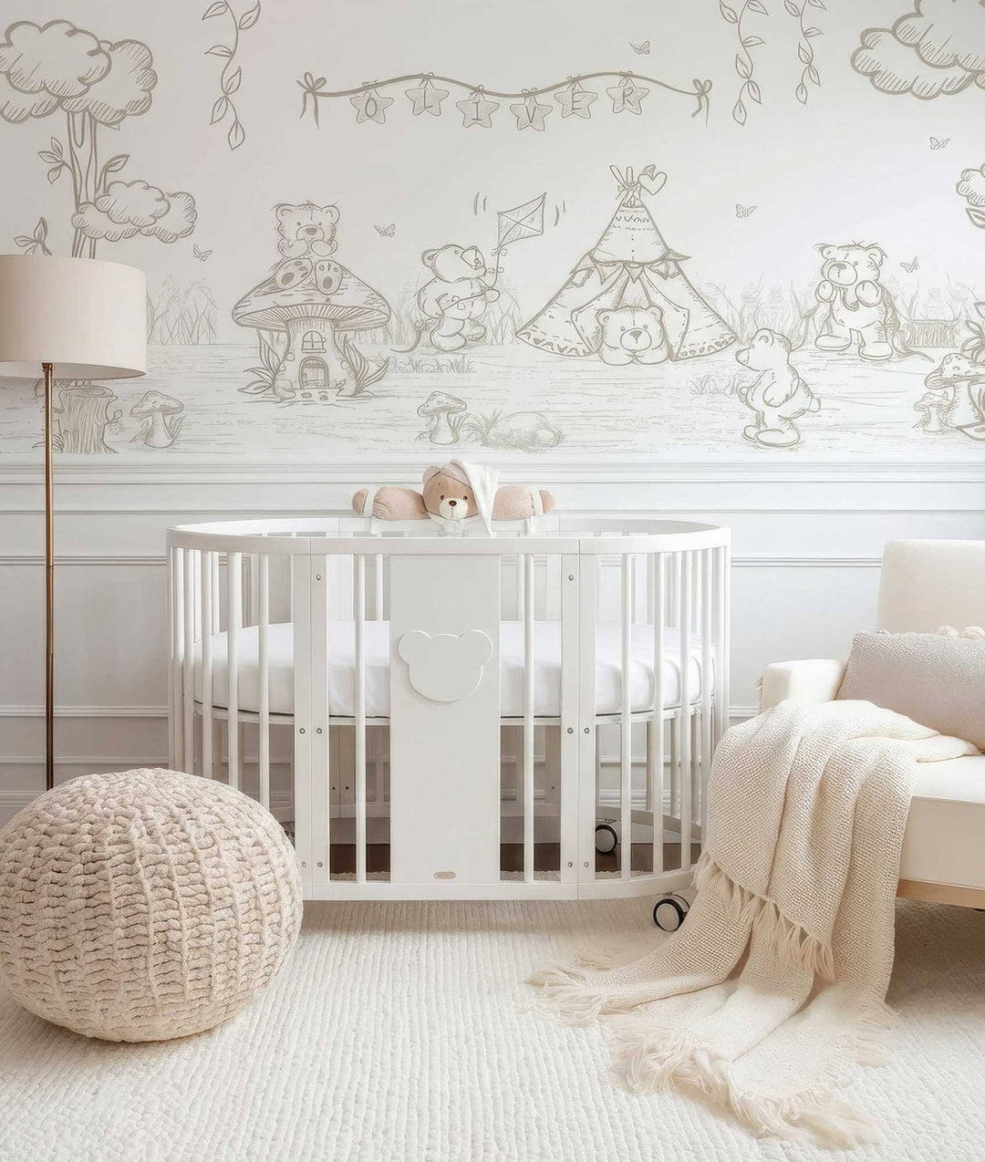 Nursery room with white crib, decorative wall paper, and soft lighting.