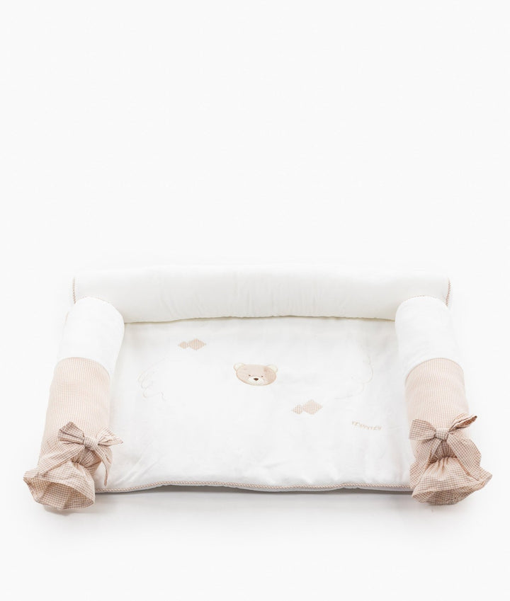 Beige and white gingham change mat set with embroidered bear face and plush bolsters
