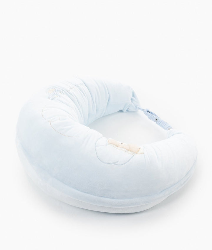 U-shaped light blue nursing pillow plush velour embroidered animal details