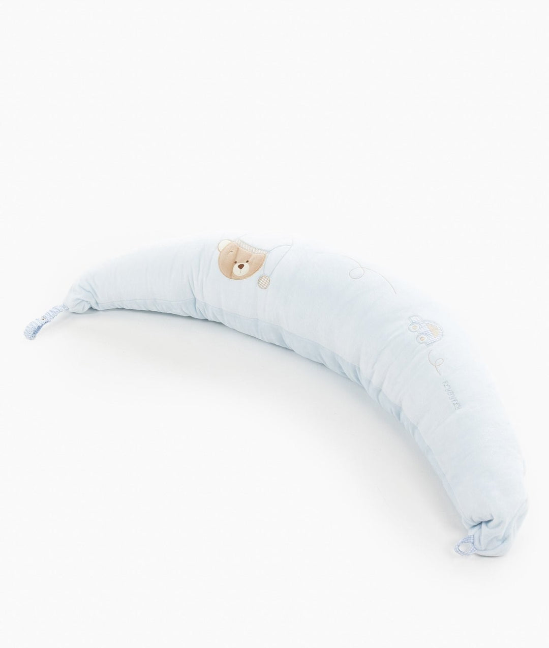 crescent shaped blue lounger pillow brown teddy bear patch embroidery detail