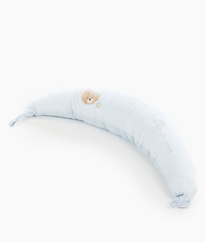 crescent shaped blue lounger pillow brown teddy bear patch embroidery detail