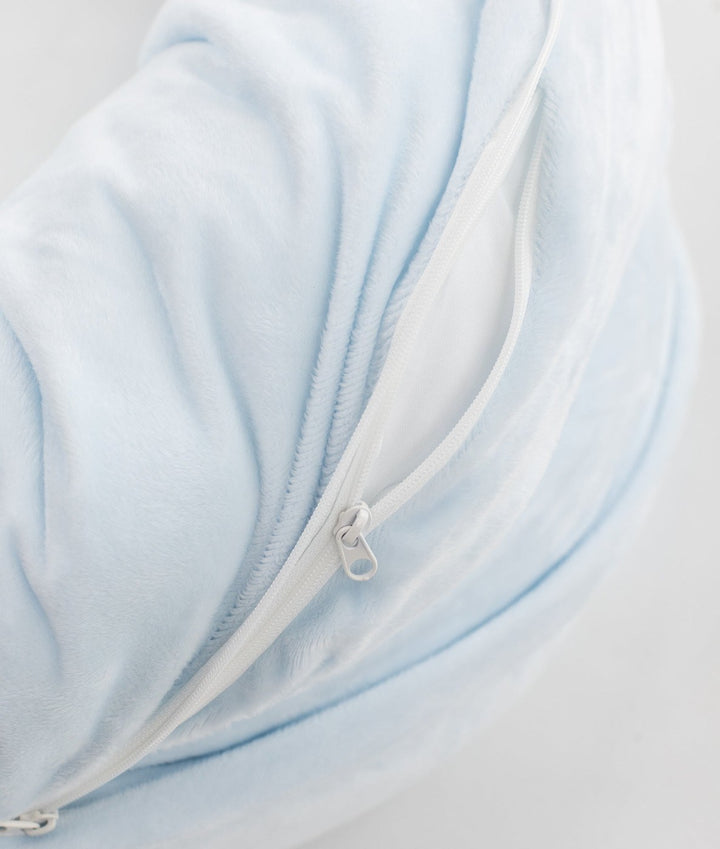 light blue nursing pillow plush fabric zipper detail inner mesh lining