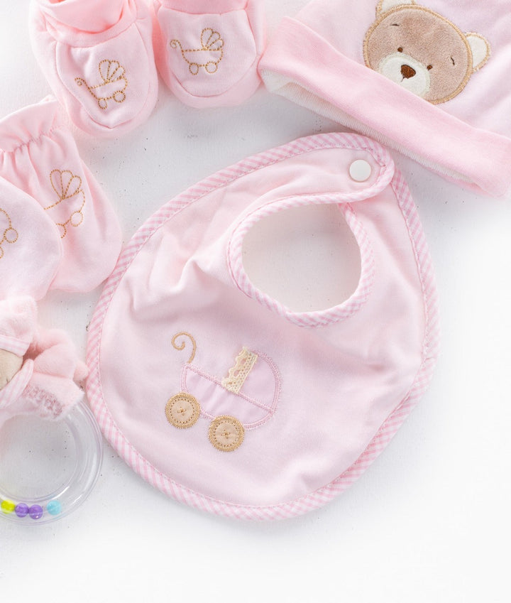 Pink gingham bib with pram embroidery and sensory rattle
