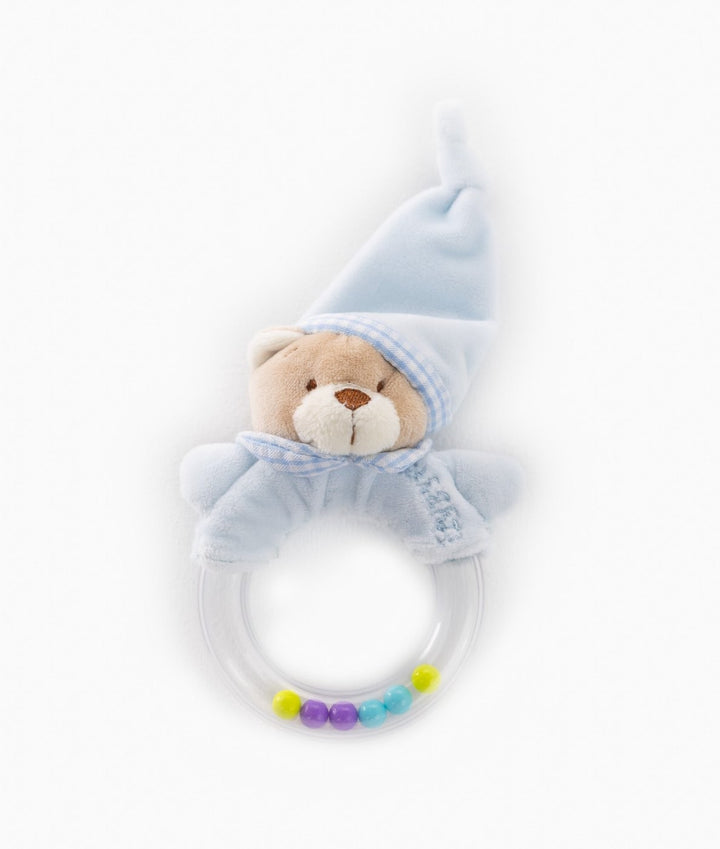 Front view of blue bear activity toy with embroidered face