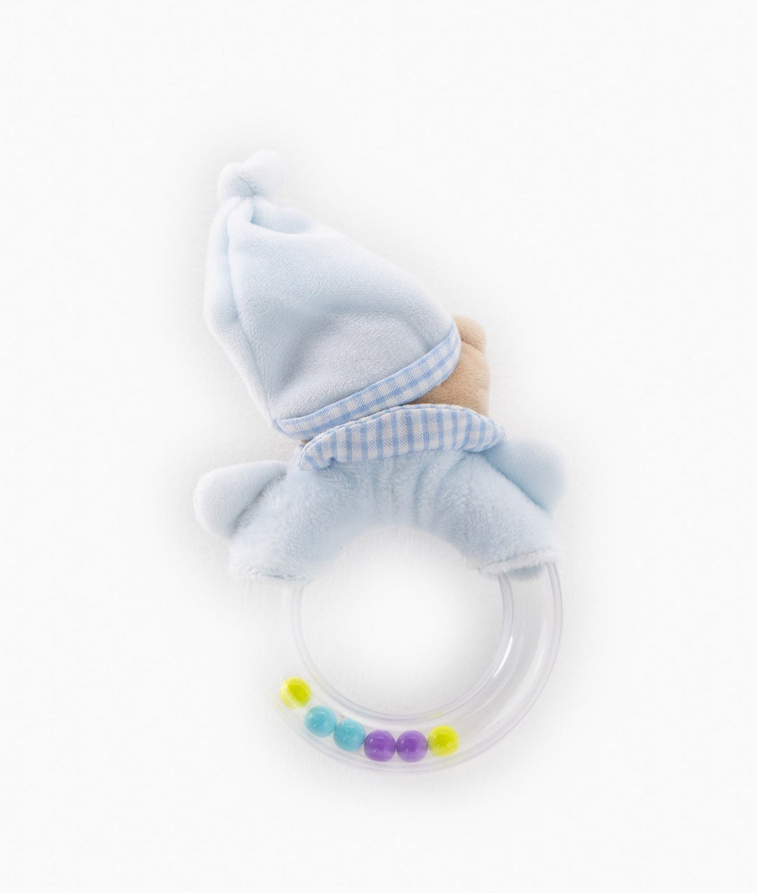 Blue plush baby bear rattle with gingham hat and bead ring