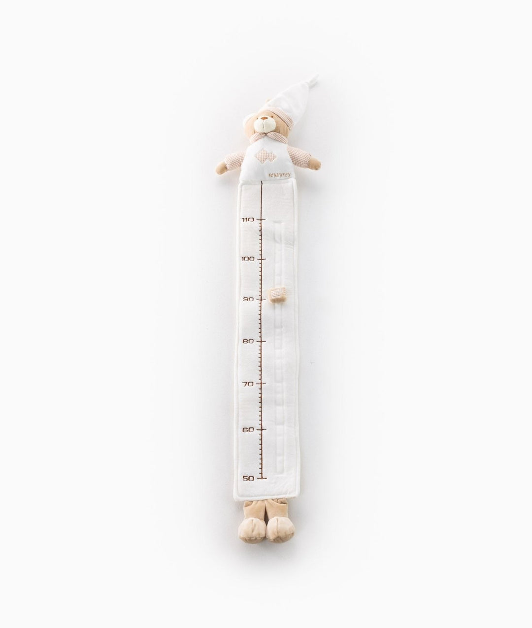 Full length beige and white plush baby growth chart with bear nightcap and measuring strip from 50 to 110