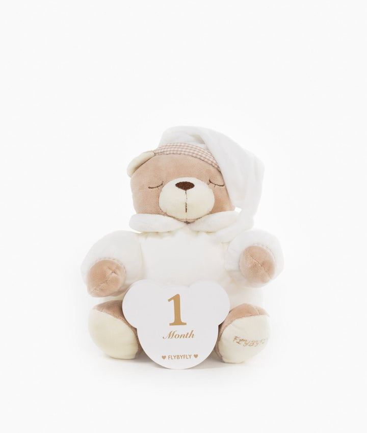 Sleeping beige teddy bear holding white 1 Month cloud card with FLYBYFLY logo