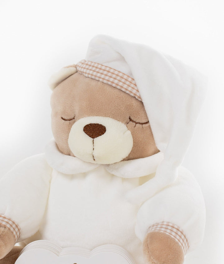 Close up of sleeping beige teddy bear face with stitched eyes and gingham hood trim