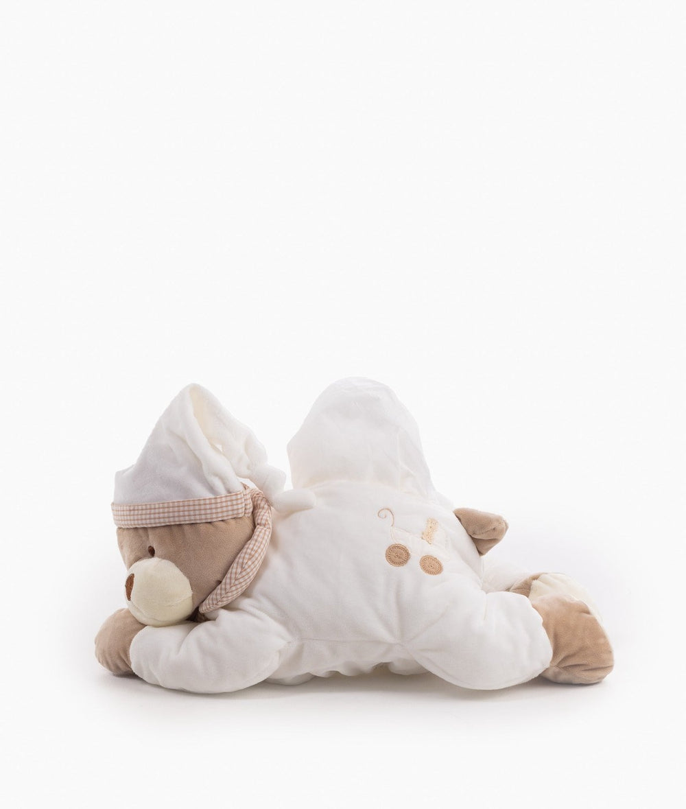 Back view of beige bear nappy change organizer showing embroidered pram motif