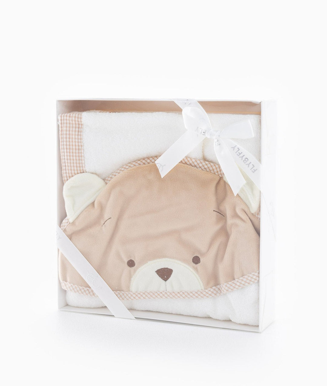 Flybyfly baby bath towel set packaged in white gift box with ribbon