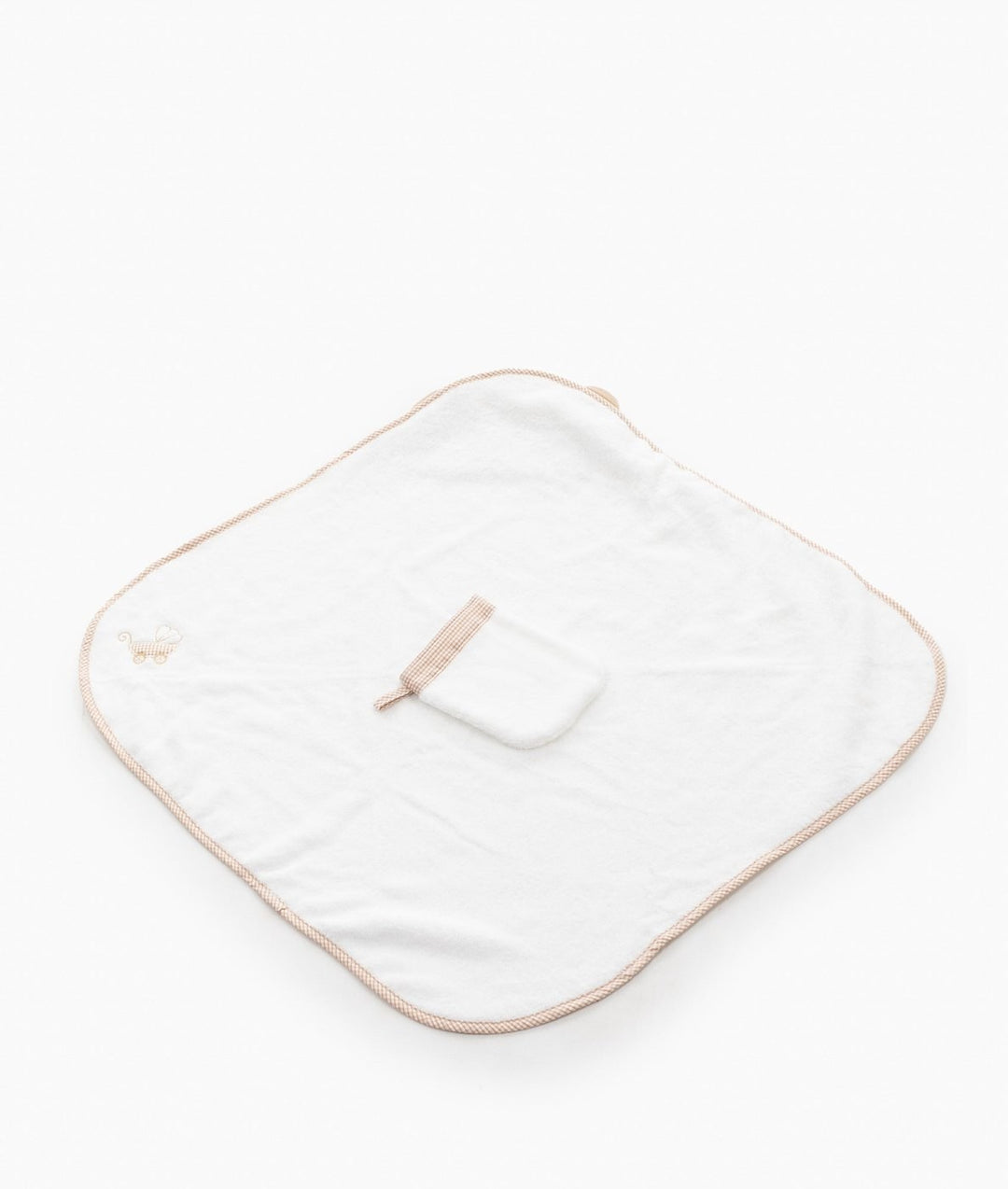 White cotton bath towel with tan gingham piping and embroidered stroller detail