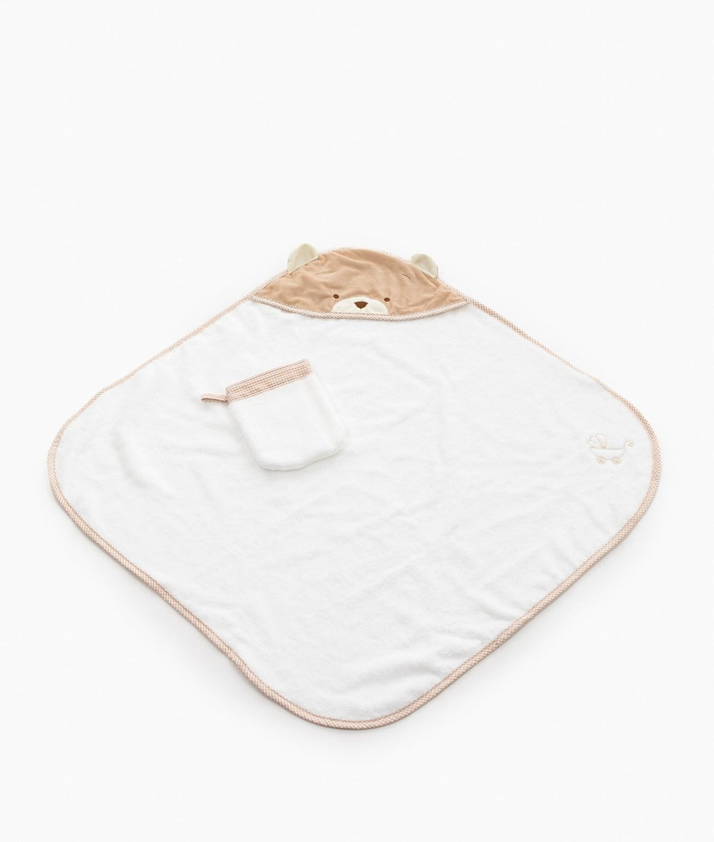 Full view of beige bear hooded towel set with tan checkered trim