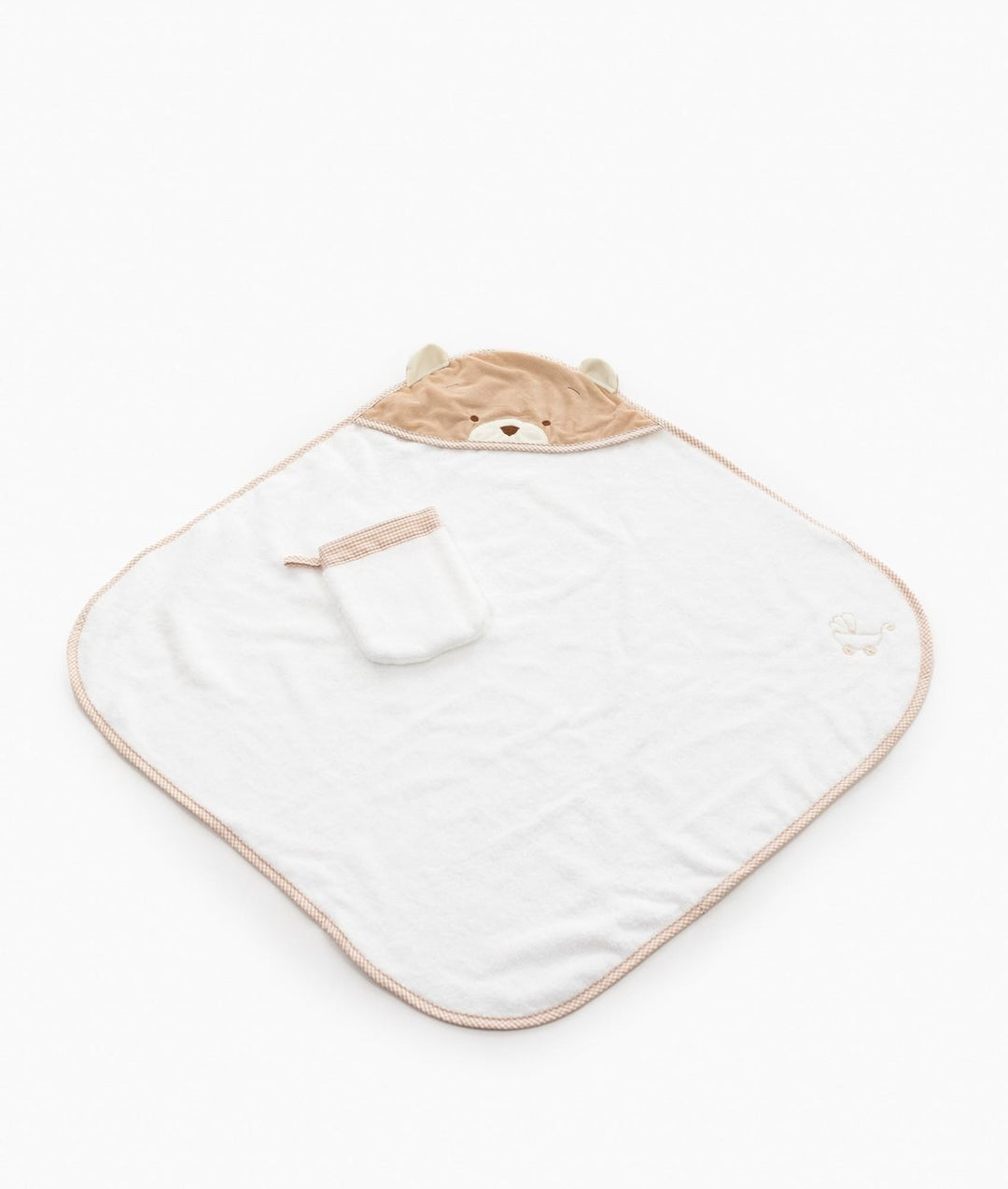 Full view of beige bear hooded towel set with tan checkered trim