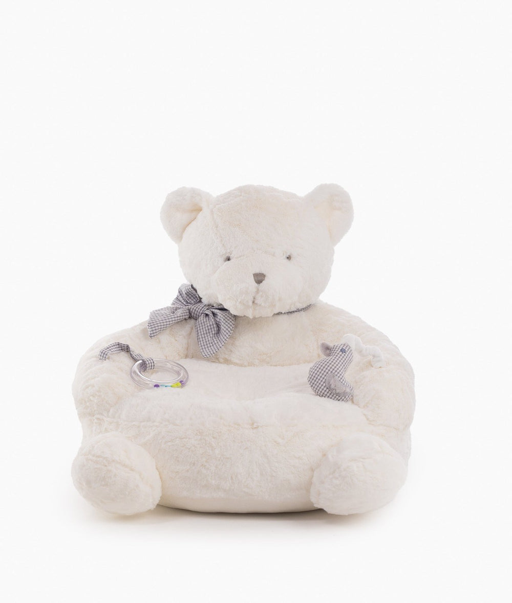 White and grey bear armchair with rattle for toddlers
