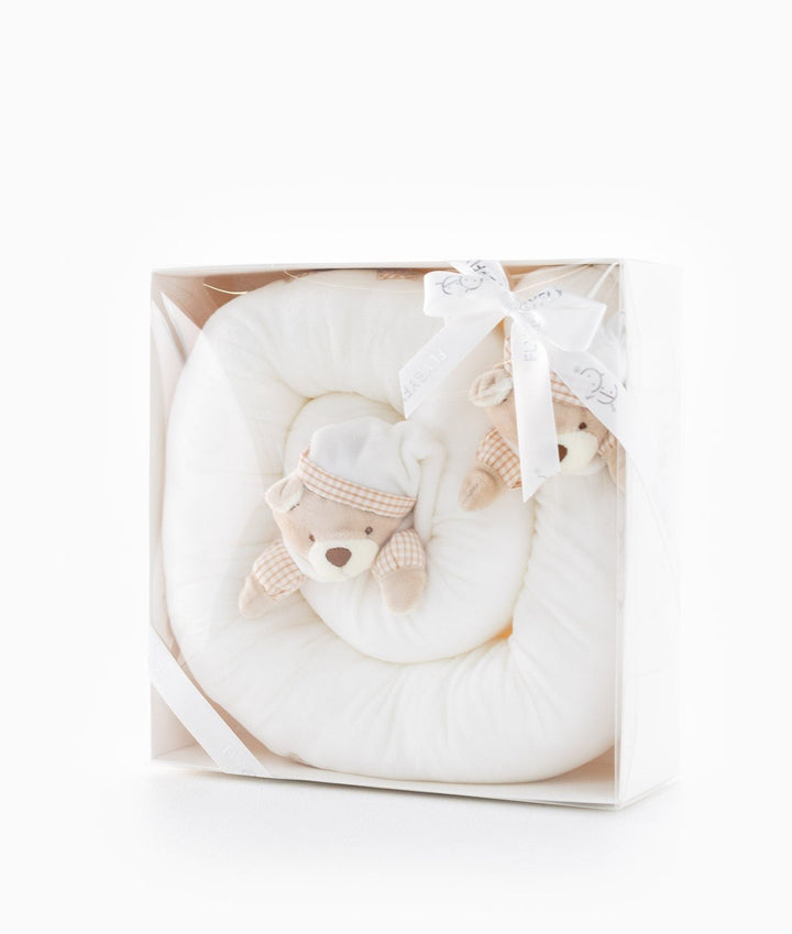 White bear baby bolster in clear gift box with FLYBYFLY ribbon bow
