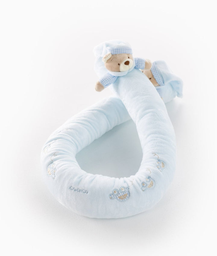 Light blue bear bolster looped in circle showing bear head and owl embroidery