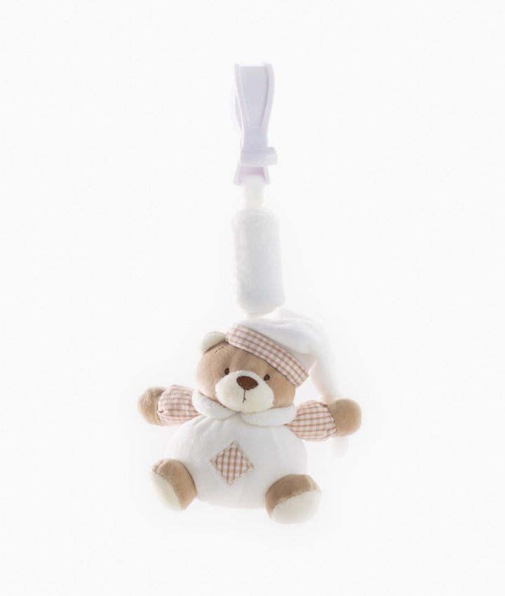 Beige and white plush bear clip on toy with pink gingham nightcap