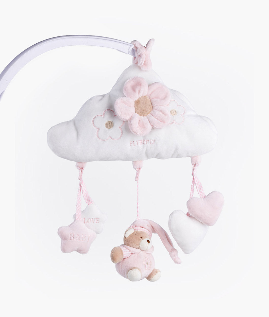 White cloud activity toy with pink flower, mirror, and dangling bear and heart charms