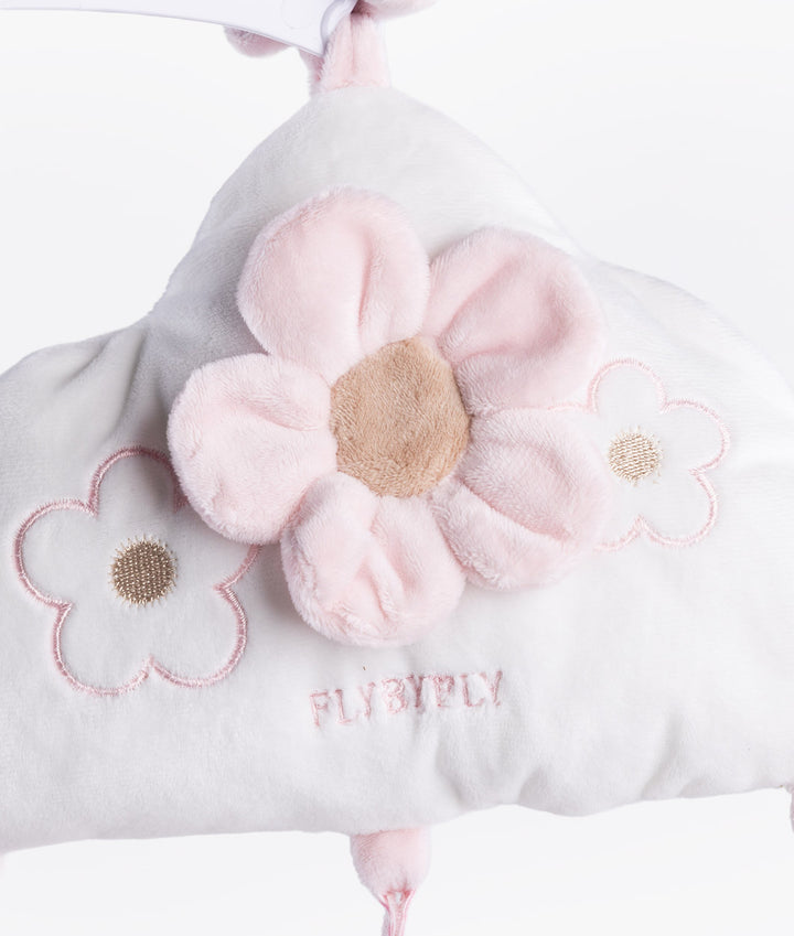 Close up of white cloud detail showing 3D pink flower applique and FLYBYFLY stitching
