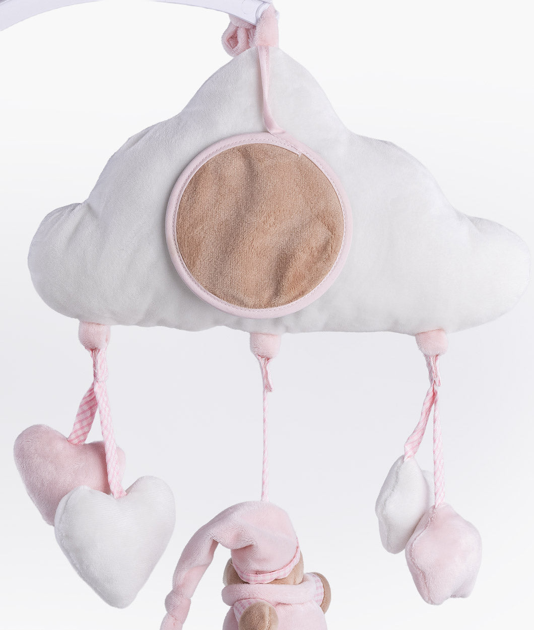 Back view of white plush cloud activity toy with pink trim mirror and hanging hearts