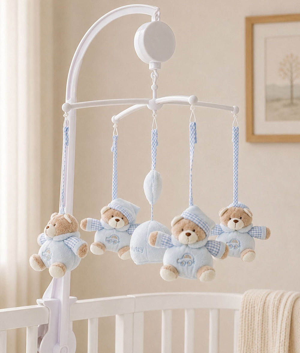 brown and blue bear plush detail with embroidered car design