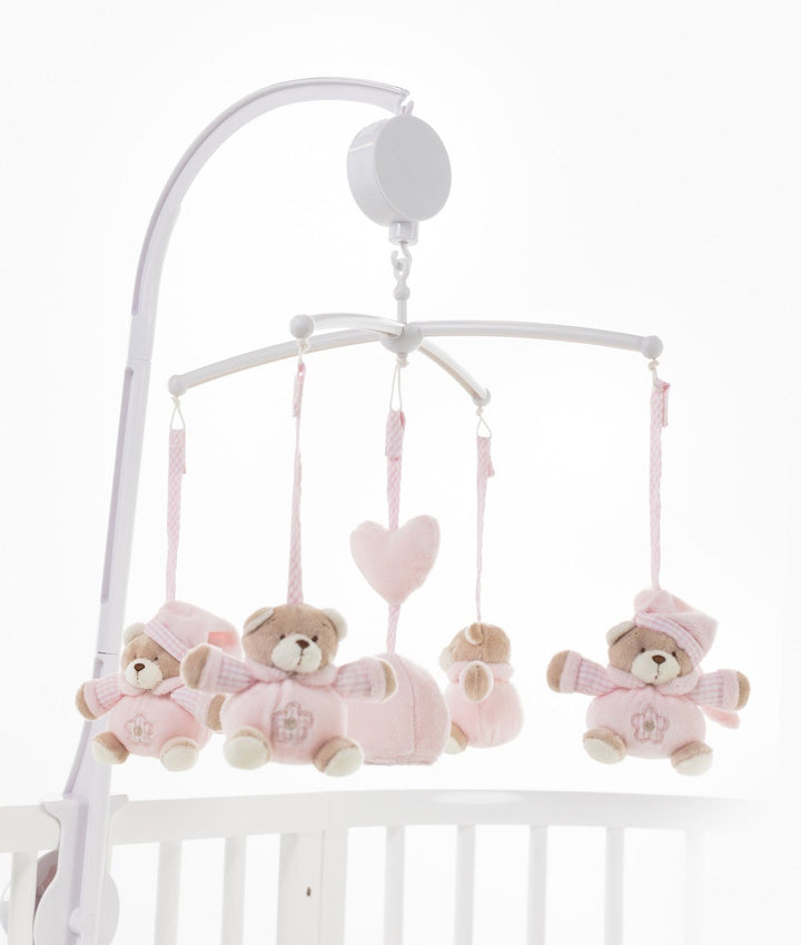 pink bear musical mobile over crib with mirror and plush bears