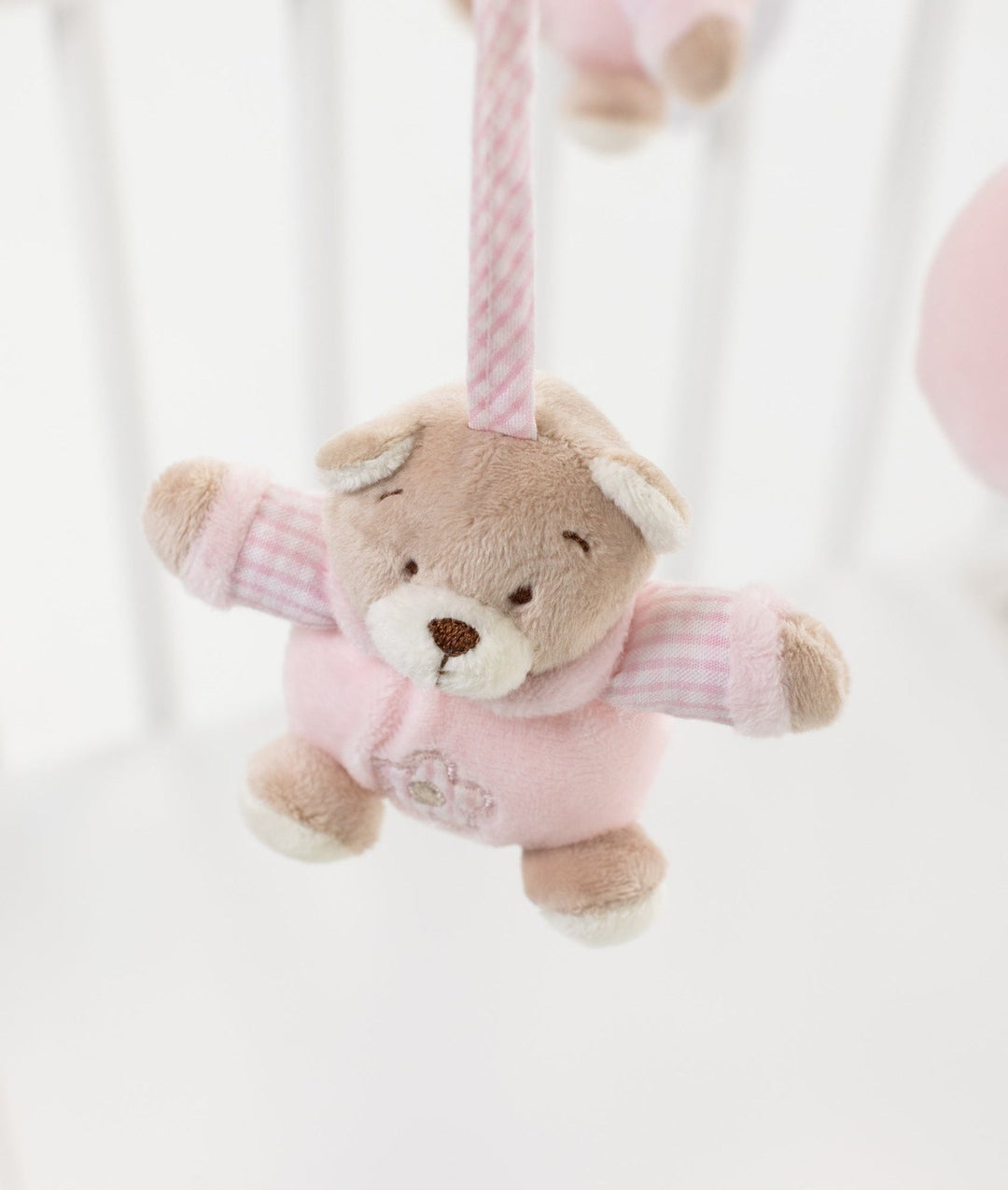 pink bear musical mobile plush detail with embroidered flower