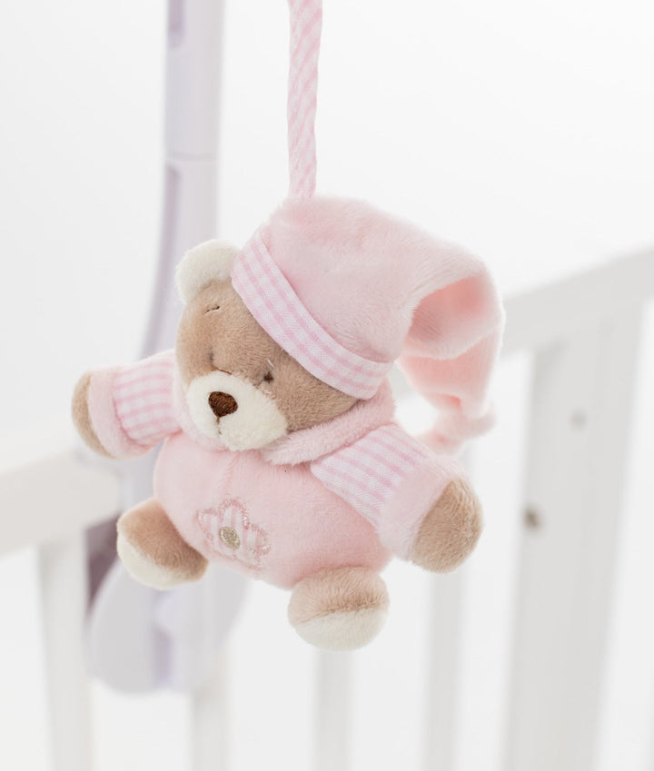 pink bear musical mobile with nightcap and striped pajama detail
