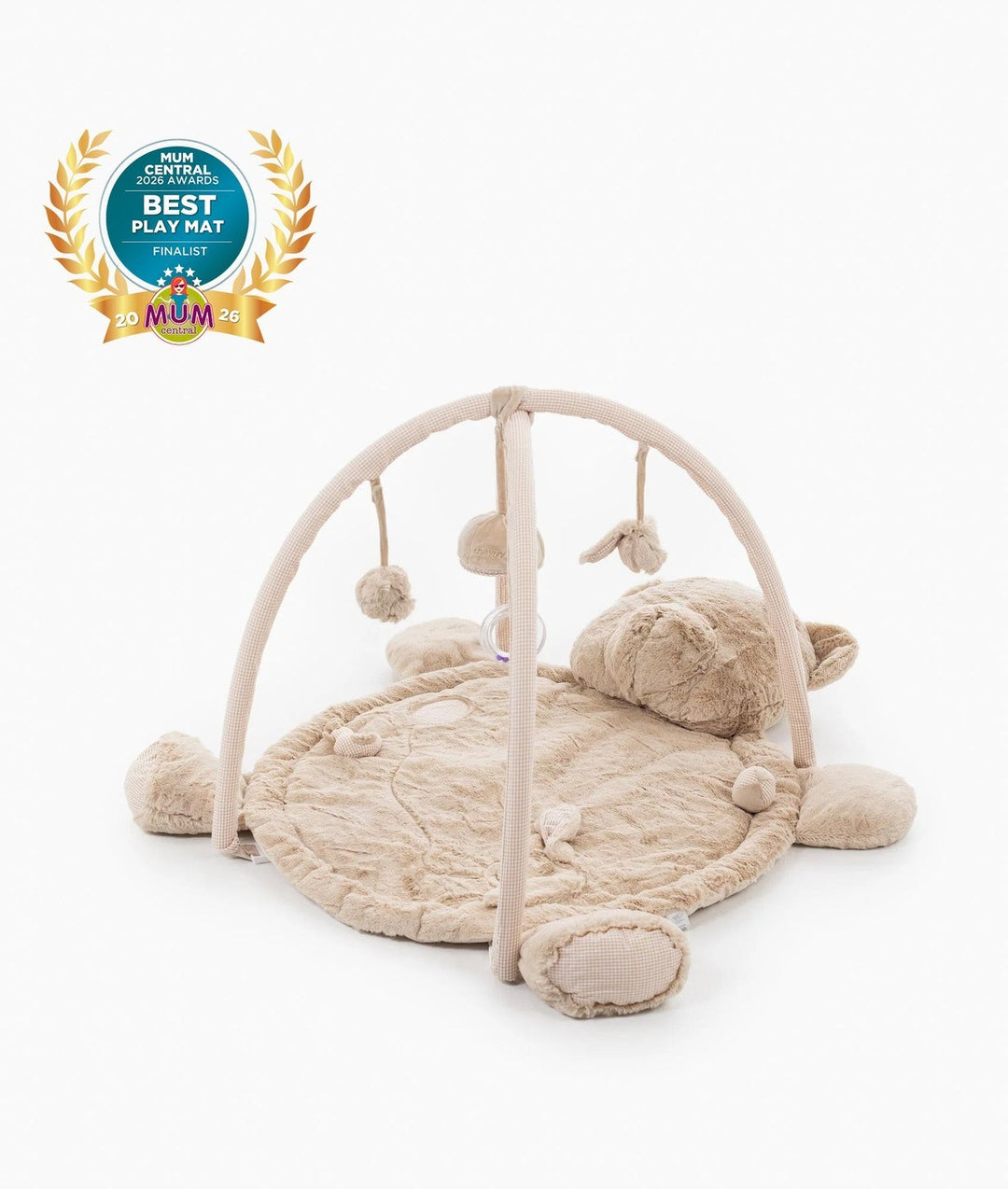 Beige plush bear playmat and gym with wicker arches, hanging sensory toys, and soft padded base