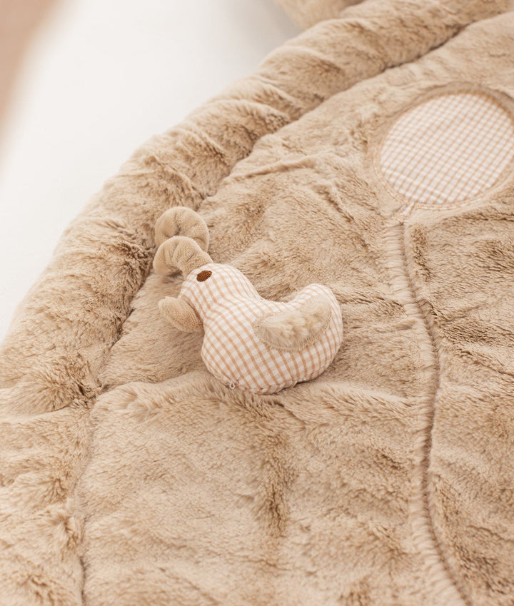 Macro shot of beige plush playmat texture with attached gingham check bird-shaped squeaker toy
