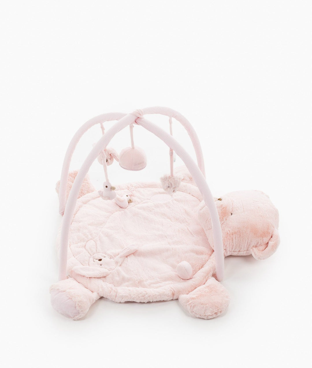 Full pink bear playmat and gym with cross-shaped arch bar holding bunny and crinkle ball toys