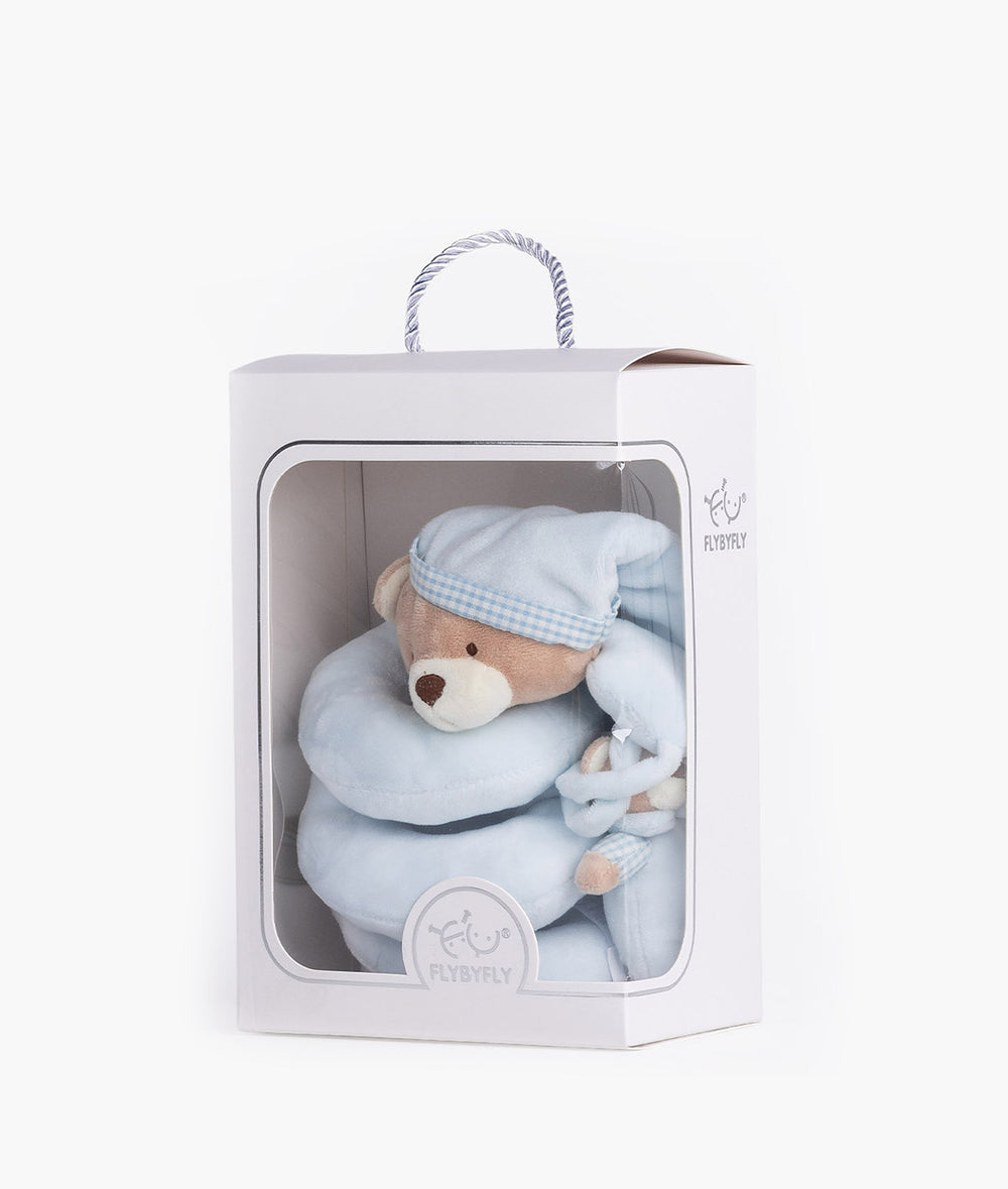 FLYBYFLY Bear Spiral Activity Toy in light blue plush packaging with clear window display