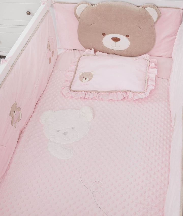 Classic Pink toddler bedding set with bubble dot quilt, embroidered bear motif, and ruffled pillow