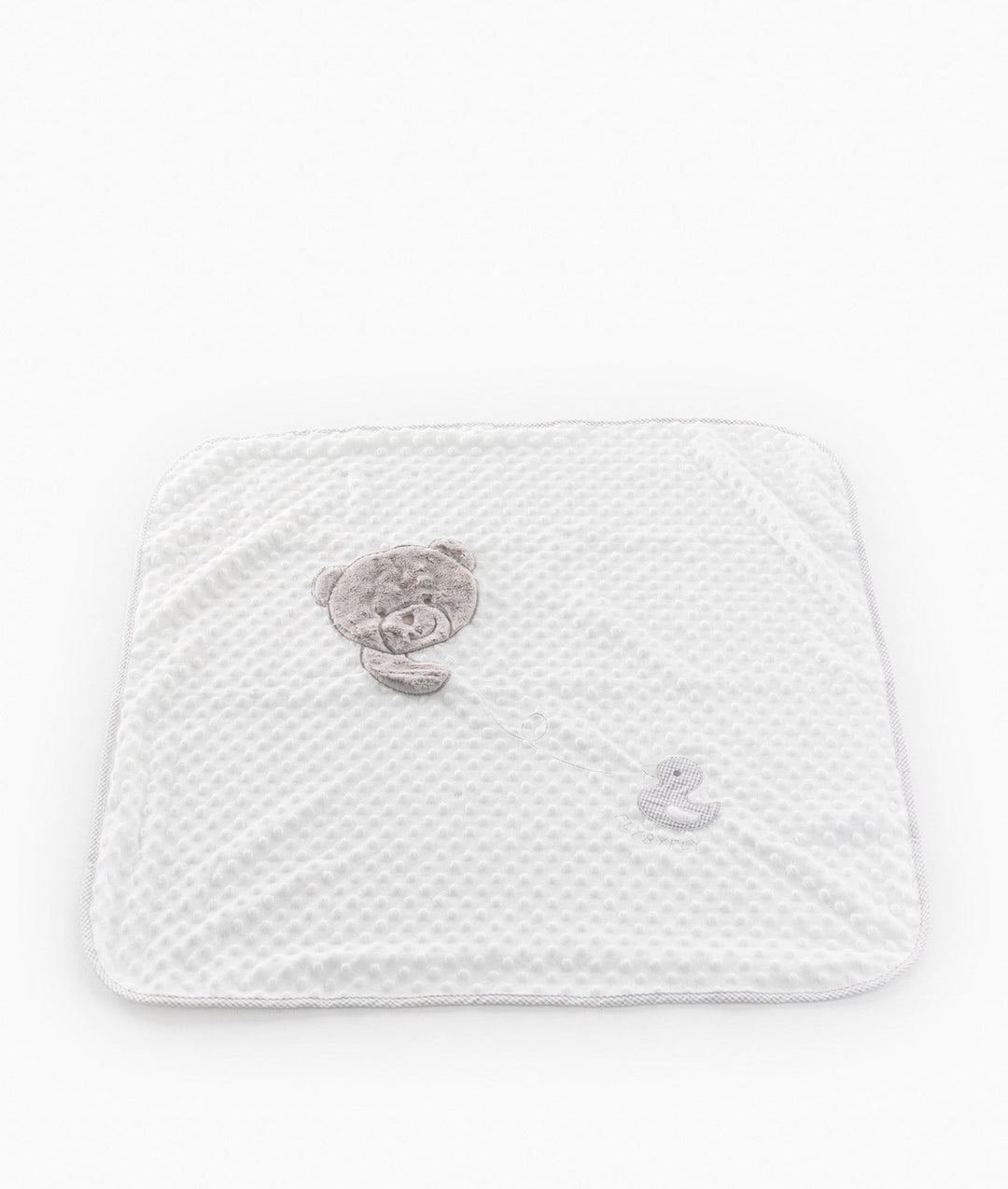 White minky dot blanket with grey teddy bear and duck patches