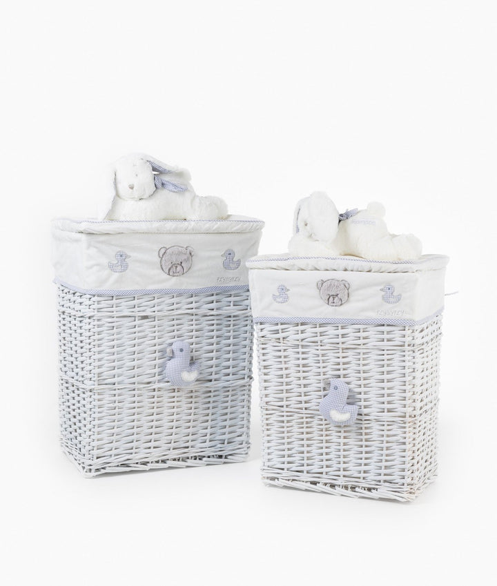 Set of two grey and white square wicker laundry baskets with plush bunny lids and embroidered liners
