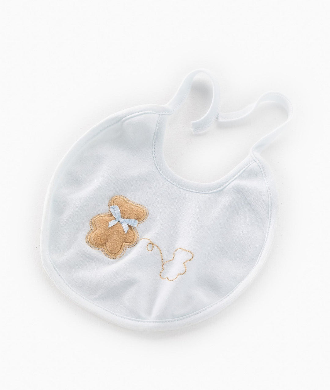 Light blue classic baby bib with tan cloud patch and blue ribbon bow