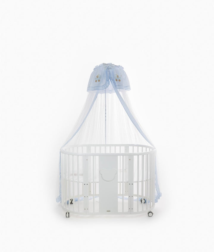 Full view of sheer white canopy with light blue gingham trim and embroidered baby carriage details on central stand
