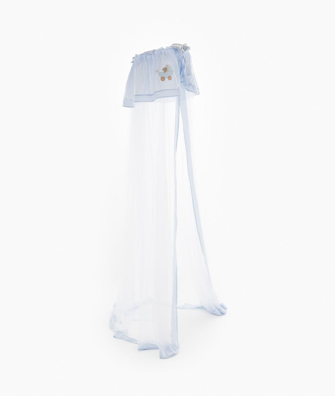 Light blue and white sheer tulle cot canopy with gathered header, baby carriage embroidery, and floor-length draping