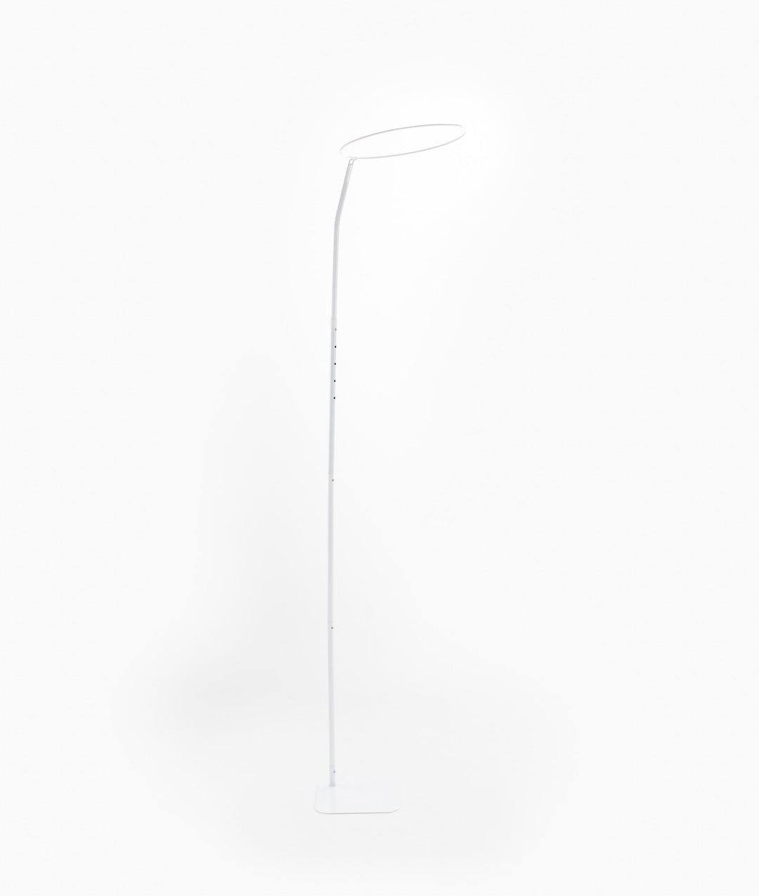 Isolated white metal adjustable height canopy stand with curved top ring and flat rectangular base