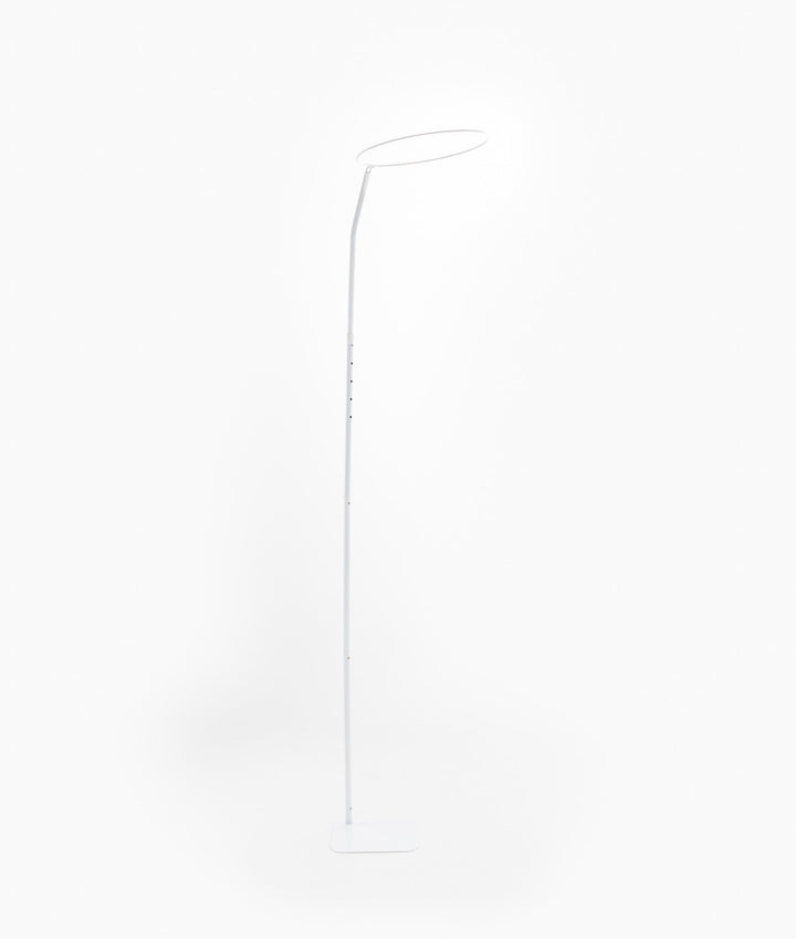 Isolated white metal adjustable height canopy stand with curved top ring and flat rectangular base