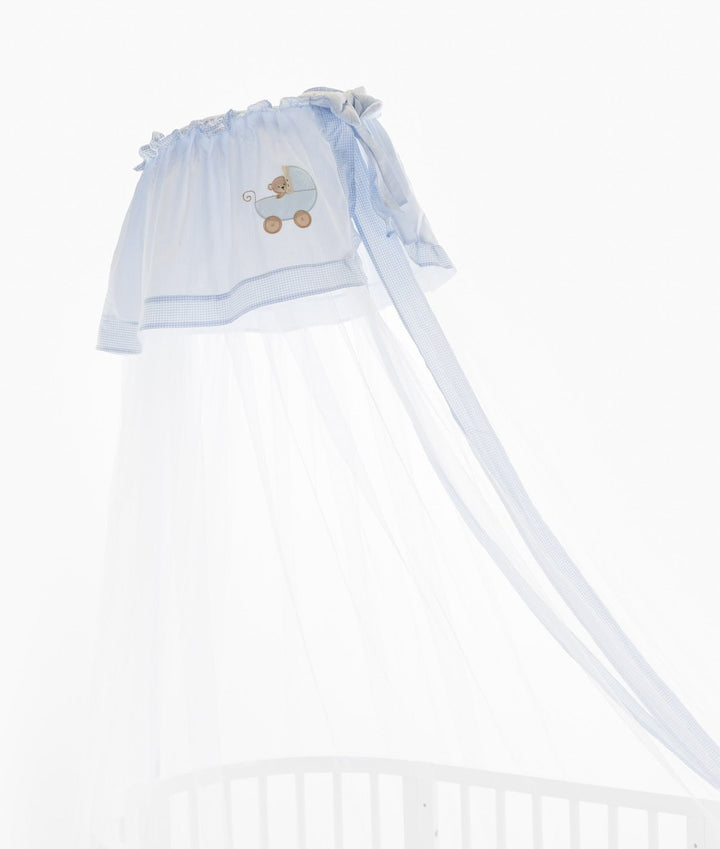 Top section of light blue gathered ruffled canopy showing tie closure and embroidered monkey in baby carriage patch