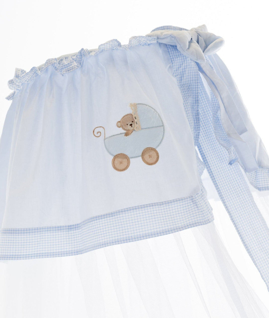 Blue cotton cot canopy with embroidered teddy bear, ruffled elastic top edge and gingham trim