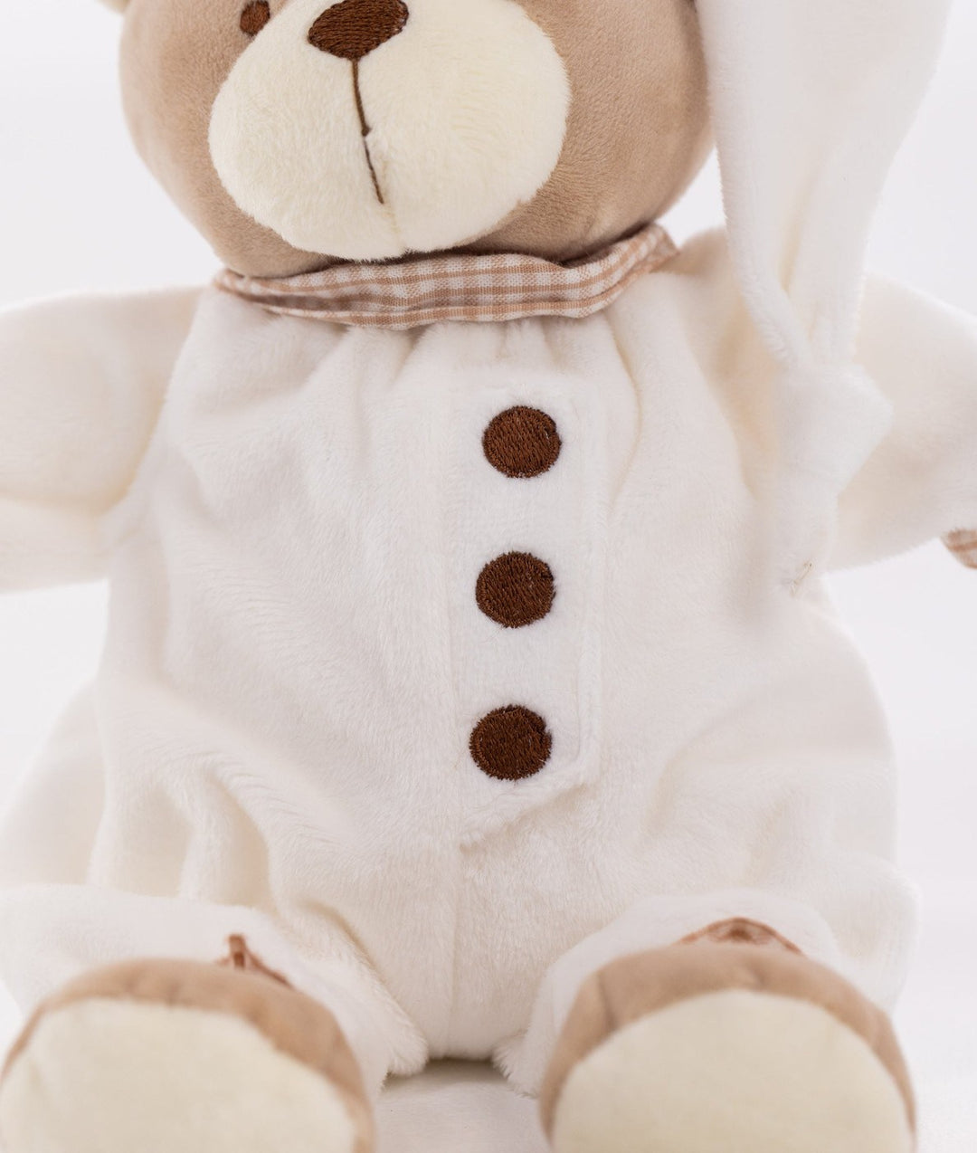 Front view of Cuddle Bear showing three brown button details and gingham collar trim