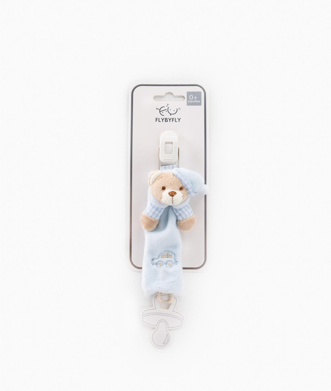 FLYBYFLY light blue teddy bear dummy clip in retail packaging with header card